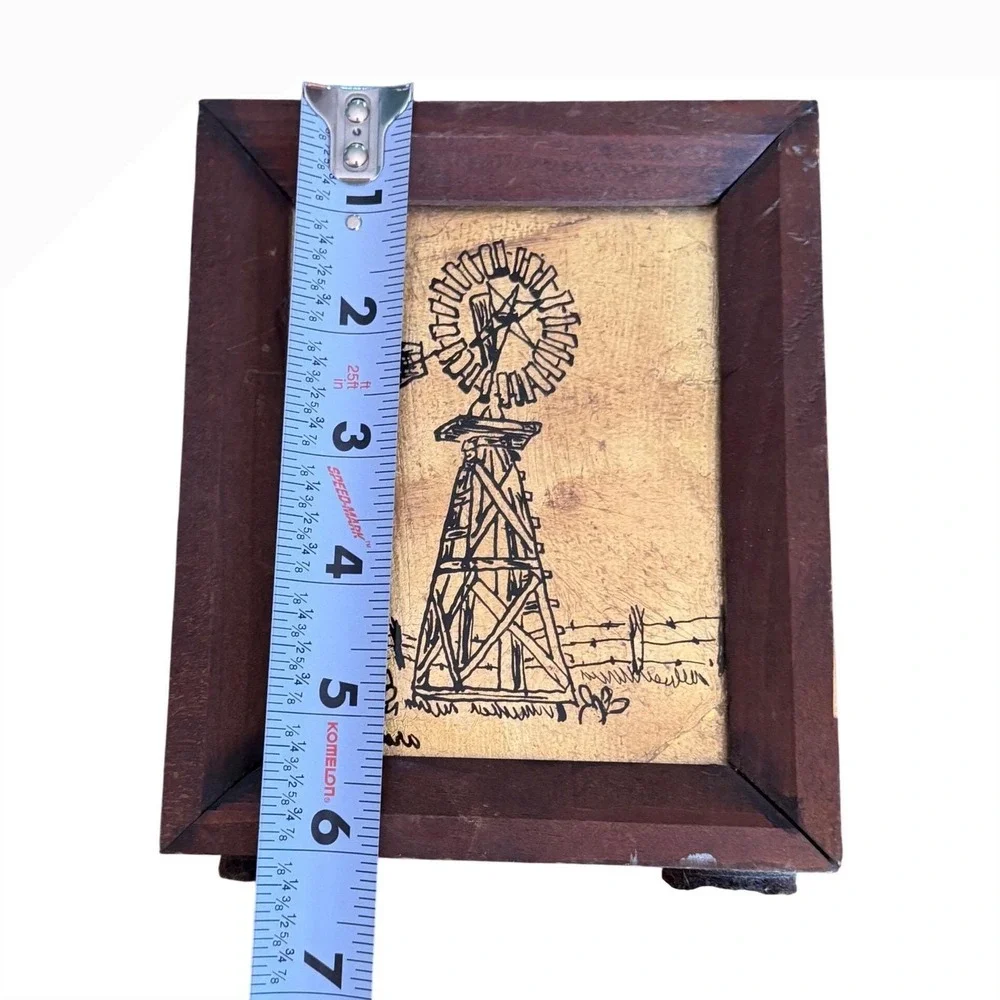 Vintage 70s Texas Windmill Sketch Gold Background Wood Frame Western Wall Art‎